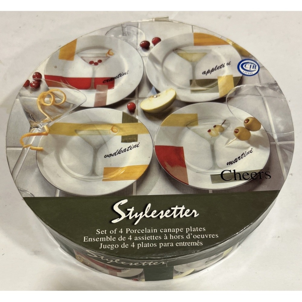 New W/Box American Atelier Canape Appetizer Plates Set of 4 Martini Cheers 6.5"